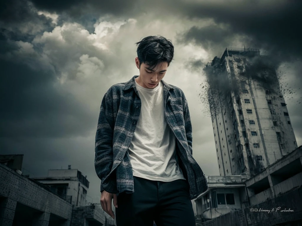 A striking, cinematic portrait of a young Korean man, captured from an aerial perspective. He stands tall and confident, dressed in a flannel shirt and a white t-shirt, against the backdrop of a somber and dramatic landscape. Dark clouds loom overhead, casting a gloomy light on the scene, while a towering building seems to be on the verge of collapse. The atmosphere is heavy with foreboding, and the color palette is dominated by shades of gray, black, and dark blue. The photograph captures a poignant moment in time, blending fashion and emotion in a powerful visual statement., portrait photography, cinematic, fashion, photo