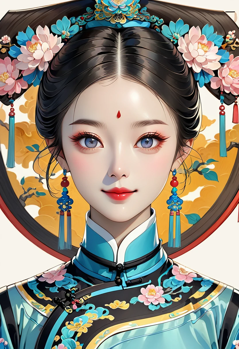 Ancient Chinese style meticulous painting,Thick coating of the board,Colored pencils,fine digital art,Clean lines,Beautiful Chinese Qing Dynasty Princess,Bright Eyes,Exquisite facial features,Smile,symmetry,Delicate hair,Qing Dynasty Clothing,Clean background,Bright colors,High Saturation