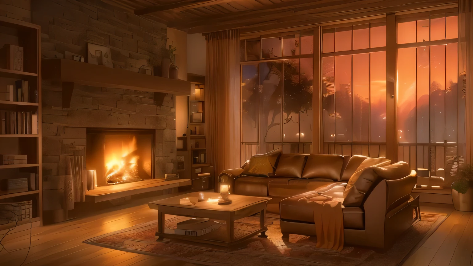 arafed living room with a fireplace and a couch in front of a window, relaxing concept art, cozy living room background, anime background art, beautiful anime scene, warm living room, cozy environment, anime scenery concept art, cozy home background, relaxing environment, warm beautiful scene, cozy living room, cozy wallpaper, anime scenery, cozy living room interior, cozy place