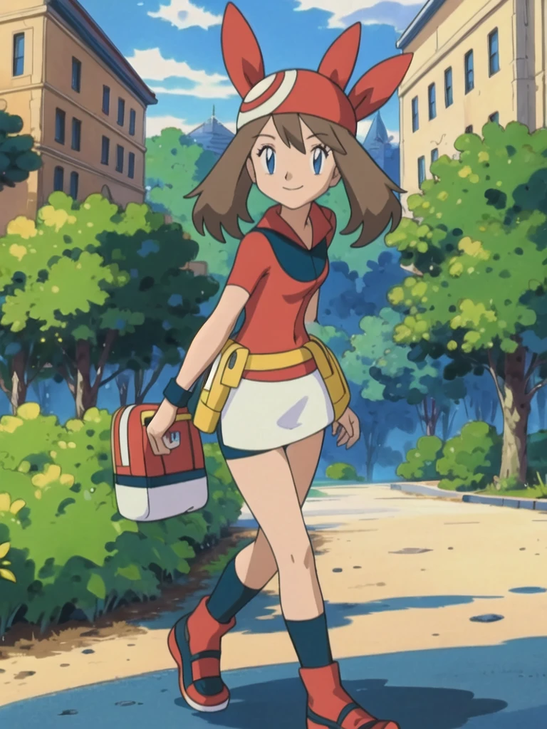 asbsurdres, highres, best quality, masterpiece, outdoors, 1girl, solo, may (pokemon), smile, fanny pack,looking at viewer