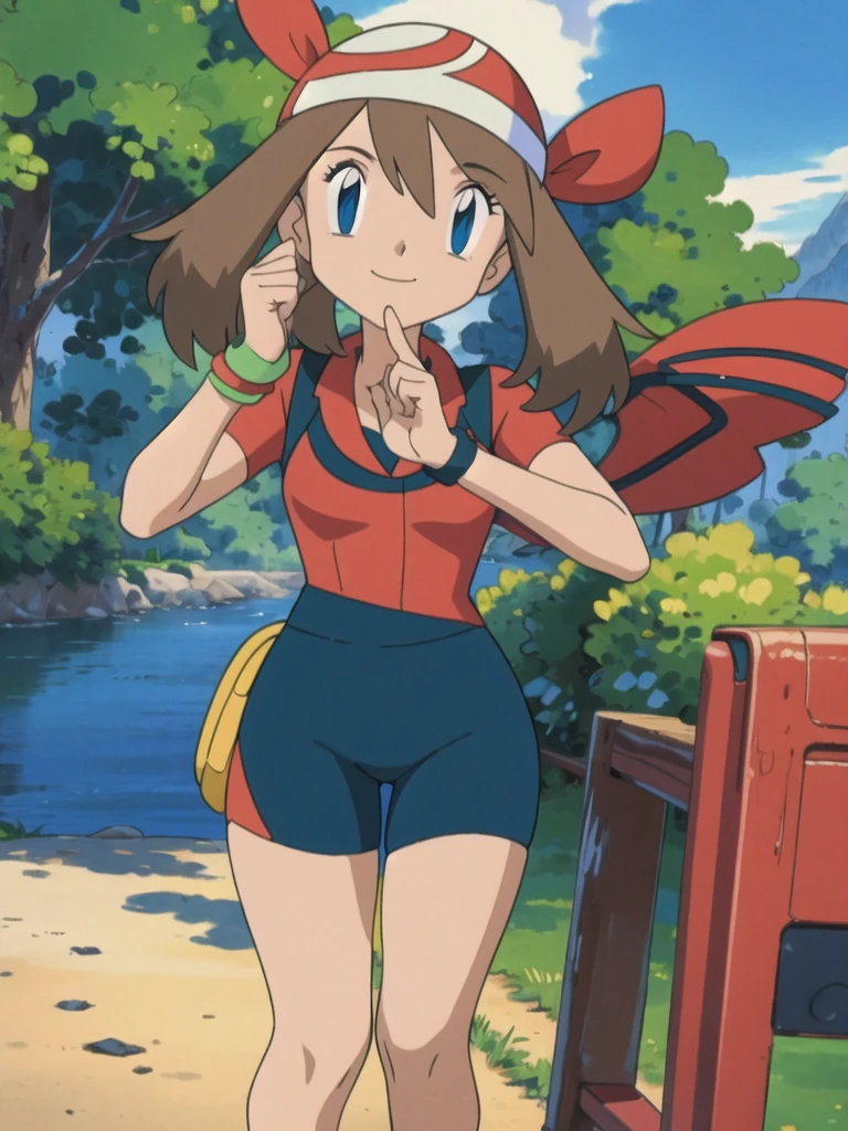 asbsurdres, highres, best quality, masterpiece, outdoors, 1girl, solo, may (pokemon), smile, fanny pack,looking at viewer