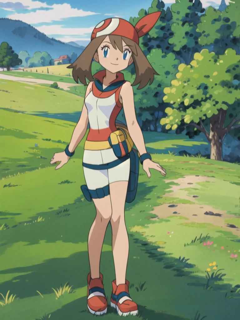 asbsurdres, highres, best quality, masterpiece, outdoors, 1girl, solo, may (pokemon), smile, fanny pack,looking at viewer