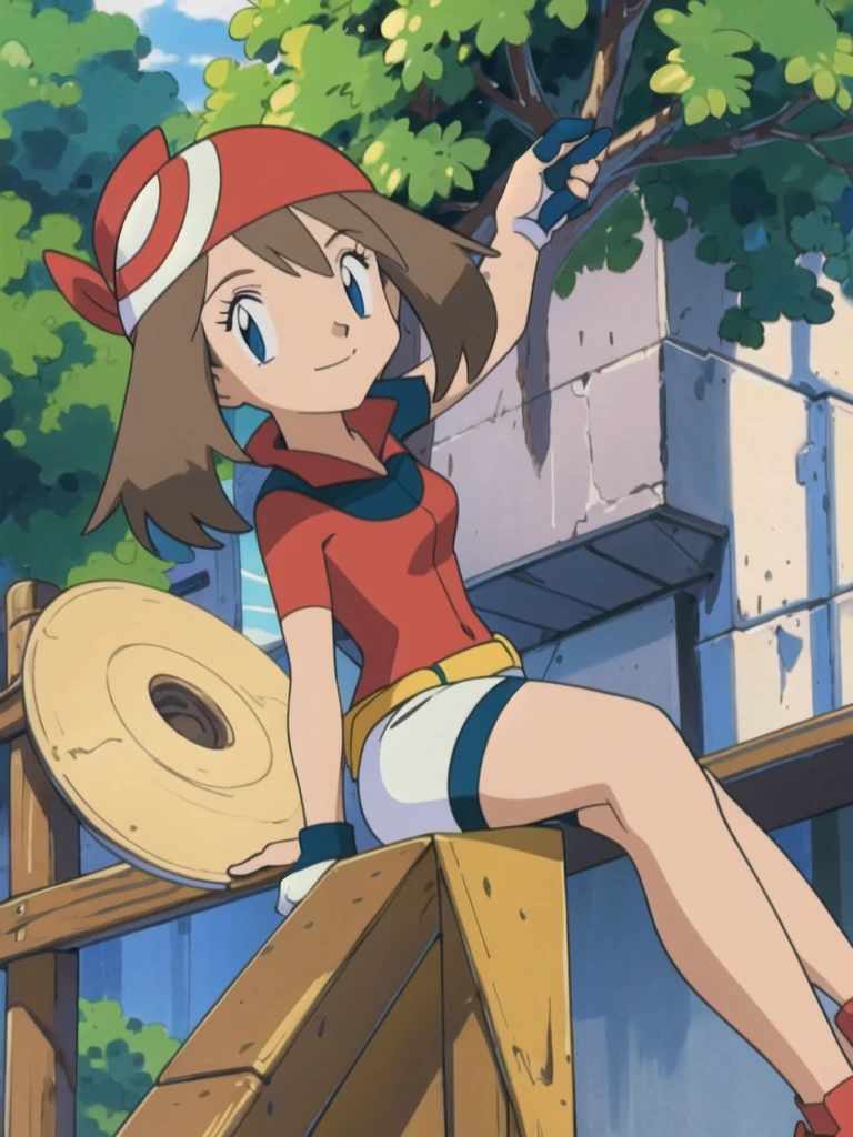 asbsurdres, highres, best quality, masterpiece, outdoors, 1girl, solo, may (pokemon), smile, fanny pack,looking at viewer