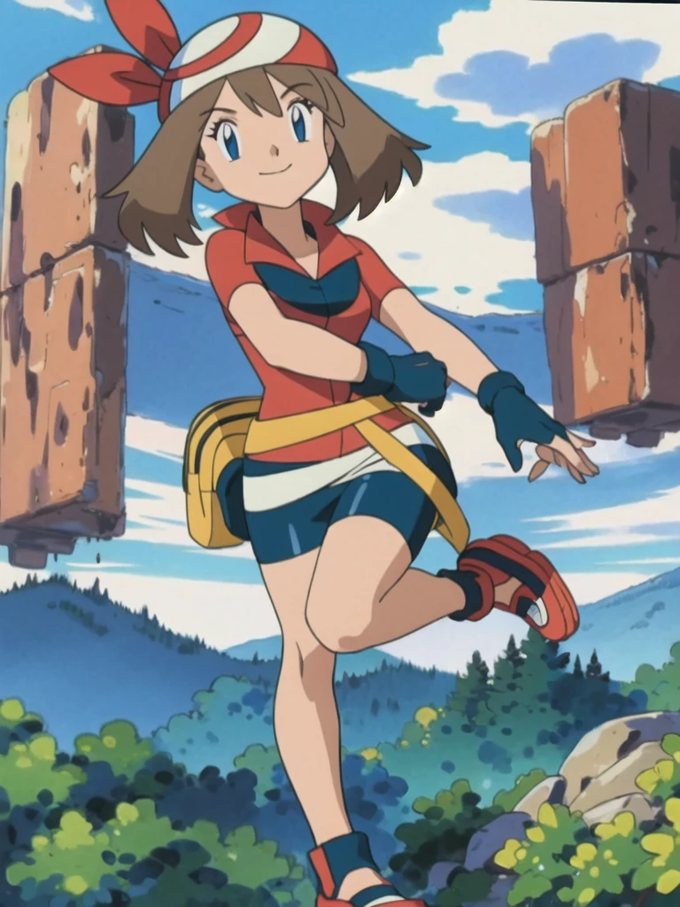 asbsurdres, highres, best quality, masterpiece, outdoors, 1girl, solo, may (pokemon), smile, fanny pack,looking at viewer