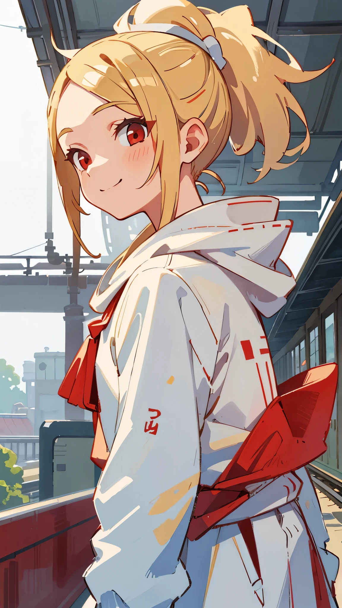 1 Girl、Anime style painting、Blonde、Red eyes、ponytail、smile、Upper body close-up、From the side、Wearing a white hoodie、Railway station background
