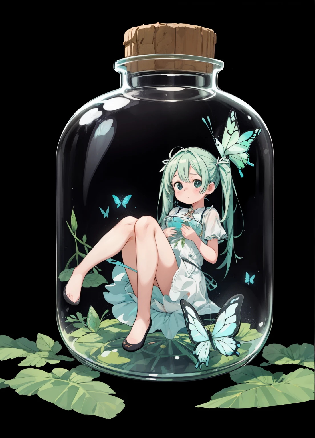 (masterpiece、Highest quality、Highest quality、Official Art、Beautiful and beautiful:1.2)、(One girl:1.3)Hatsune Miku、Twin tails,Beautiful breasts,(masterpiece, Highest quality), Intricate details, 8K, Art Station, wallpaper, Sharp focus, ca3,(Black background:1.45),(Transparent Background:1.3),{(Depth of written boundary:0.5)},(glass strips:1.2),[(Glass bottle:1.15),(Girl in a bottle:1.45):(Sitting Girl)], repair,cute,whole body, Tuyul in a jar,（Colorful butterflies）, (Ferromosa),(Butterfly Harmony), 