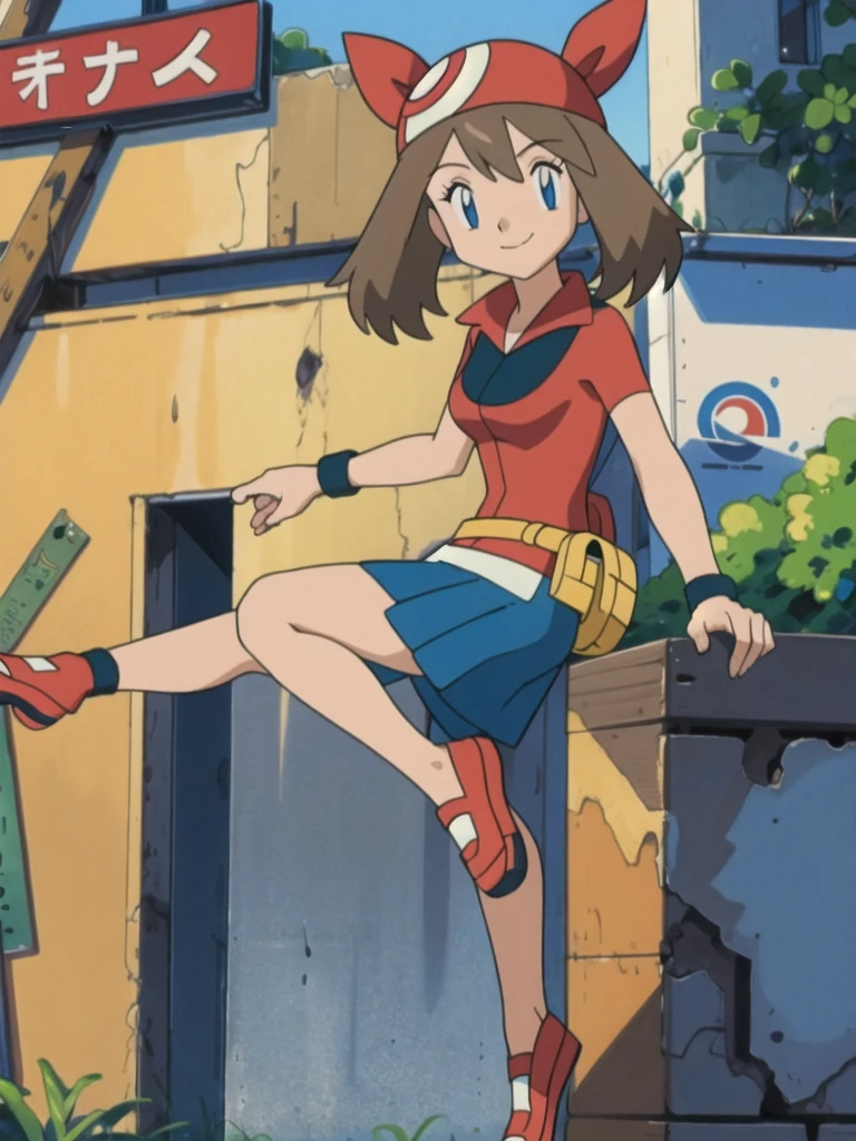 asbsurdres, highres, best quality, masterpiece, outdoors, 1girl, solo, may (pokemon), smile, fanny pack,looking at viewer