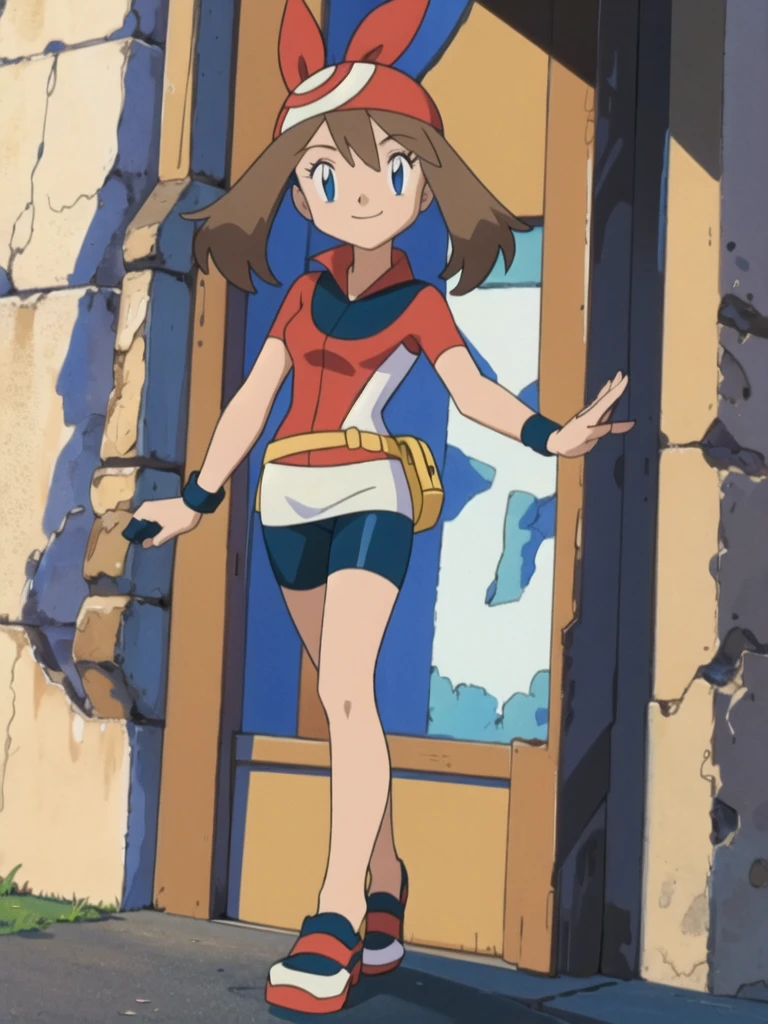 asbsurdres, highres, best quality, masterpiece, outdoors, 1girl, solo, may (pokemon), smile, fanny pack,looking at viewer