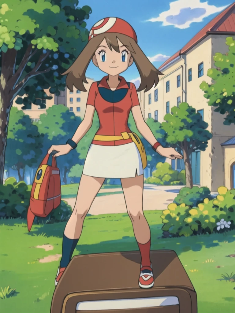 asbsurdres, highres, best quality, masterpiece, outdoors, 1girl, solo, may (pokemon), smile, fanny pack,looking at viewer