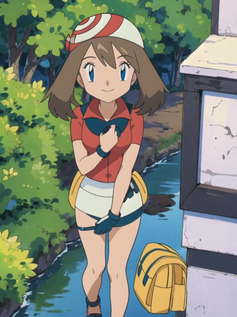 asbsurdres, highres, best quality, masterpiece, outdoors, 1girl, solo, may (pokemon), smile, fanny pack,looking at viewer