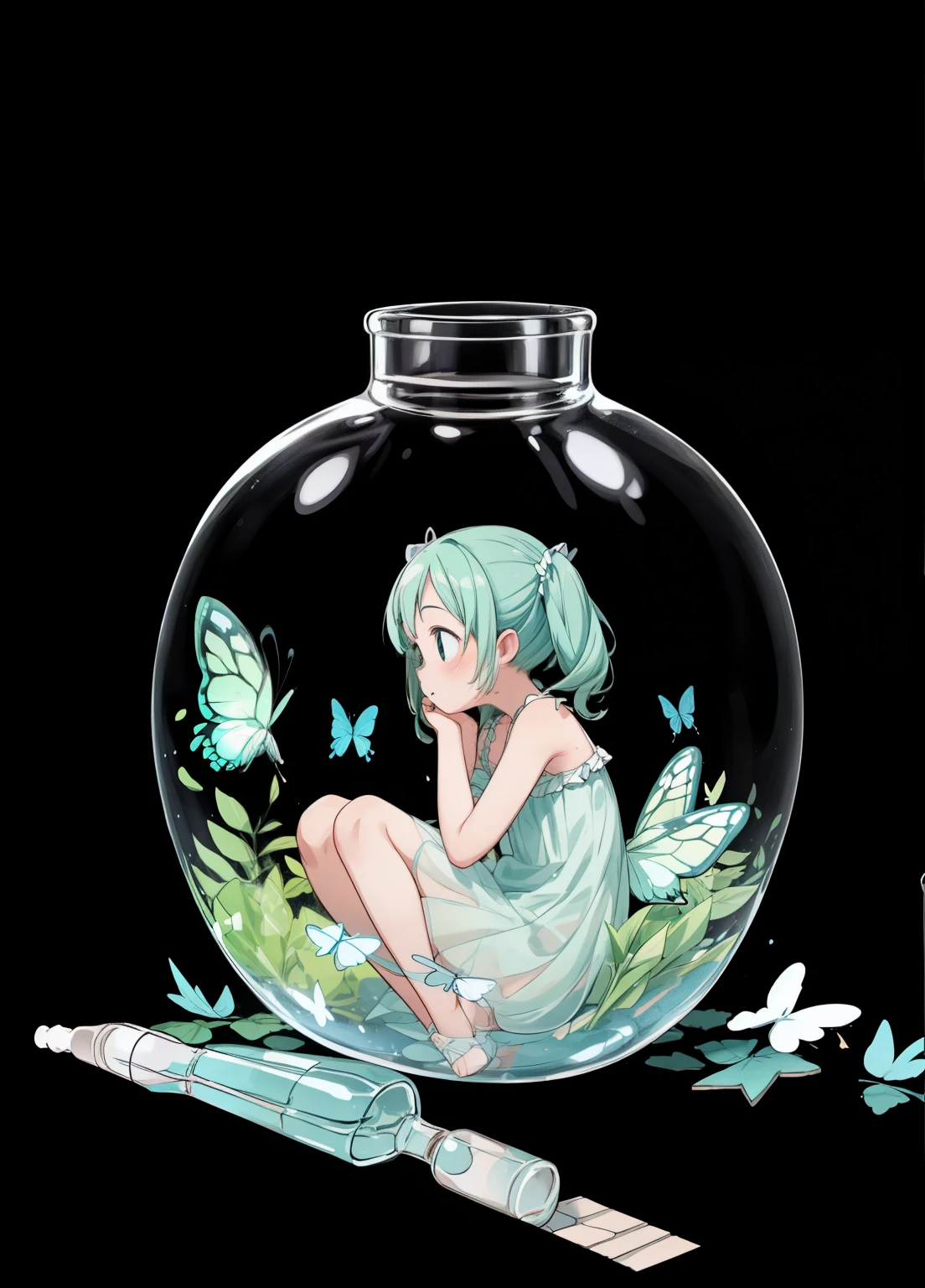 (masterpiece、Highest quality、Highest quality、Official Art、Beautiful and beautiful:1.2)、(One girl:1.3)Hatsune Miku、Twin tails,Beautiful breasts,(masterpiece, Highest quality), Intricate details, 8K, Art Station, wallpaper, Sharp focus, ca3,(Black background:1.45),(Transparent Background:1.3),{(Depth of written boundary:0.5)},(glass strips:1.2),[(Glass bottle:1.15),(Girl in a bottle:1.45):(Sitting Girl)], repair,cute,whole body, Tuyul in a jar,（Colorful butterflies）, (Ferromosa),(Butterfly Harmony), 