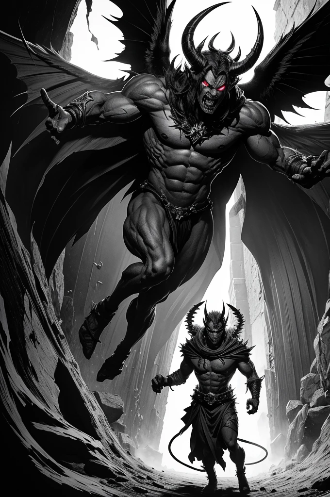a black and white comic, a demon Lucifer going to his kingdom in hell