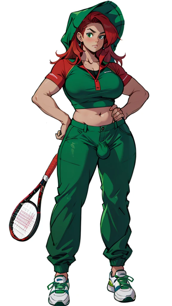 best quality,  ultra HD, European and American cartoon characters, design de personagem original, hand-drawn sketches, 1 girl, standing alone, jewerly, bonnet, aretes, pants, ha, へそ, shoe, tummy, long hair, breastsout, hand on hip, White background, hoop aretes, top cut, green pants, whole body, blush, simple background, tennis, chestnut hair, medium breastsout, regatta, Red hair, baggy pants, neckleace,massive huge penis, show penis