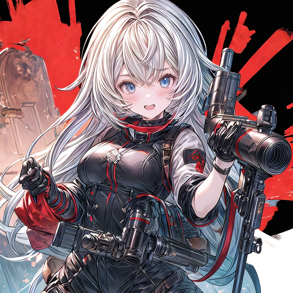 One girl、Dynamic configuration、[17277fbe68],threatened hideo、high quality、Maximum details、(((最high quality、最高masterpiece、Official Art、最高のDynamic configuration)))、(Thin Hair)、(Tabletop, 最high quality), Very detailed, Anime Style, Concept Art、whole body, (masterpiece), 最high quality, Fantasy art,whole body、masterpiece、最high quality、(colorful)、（Beautifully detailed eyes and face）、Cinema Lighting、Extremely detailed CG、Super huge、whole body、wallpaper、Uniforms with weapons in Wonderland, (((Everybody wears black and red ))), Ammunition belt, gun, machine gun, gatling gun, hand gun,weapons,Barren Land、White Background、
