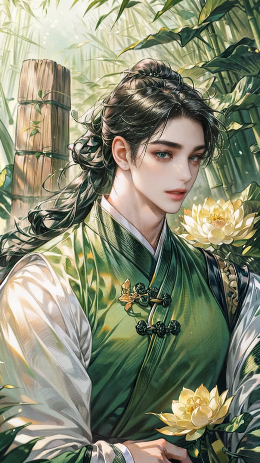 (((best quality))),masterpiece,ultra high resolution,extraordinarily beautiful youth, a bright, innocent smile,All green clothing,((boy 24 year old, green hanfu,green clothing, Chinese shirt style)) ,boy character ,((Thick black long hair)),beautiful face,detailed interior, detailed boy,((man)),(in bamboo forest), house China style, pure white lotus,beautiful and cute boy ,black eyes,((solo man)),(he has a Big eyes, charming lips, slim nose and small face),(slim figures ),ponytail and 冠,folding Hiogi fan,Japanese fan
