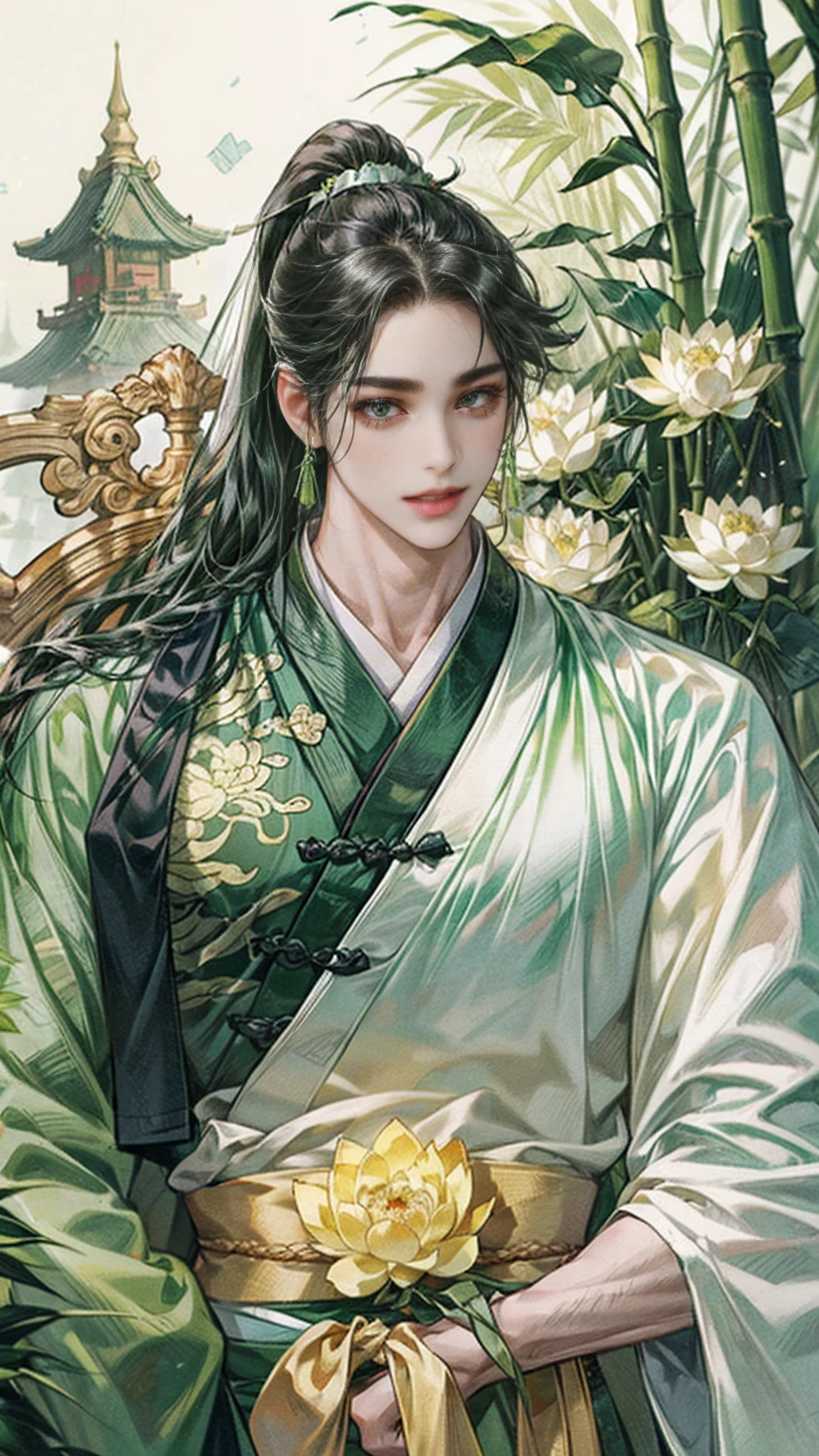 (((best quality))),masterpiece,ultra high resolution,extraordinarily beautiful youth, a bright, innocent smile,All green clothing,((boy 24 year old, green hanfu,green clothing, Chinese shirt style)) ,boy character ,((Thick black long hair)),beautiful face,detailed interior, detailed boy,((man)),(in bamboo forest), house China style, pure white lotus,beautiful and cute boy ,black eyes,((solo man)),(he has a Big eyes, charming lips, slim nose and small face),(slim figures ),ponytail and 冠,folding Hiogi fan,Japanese fan