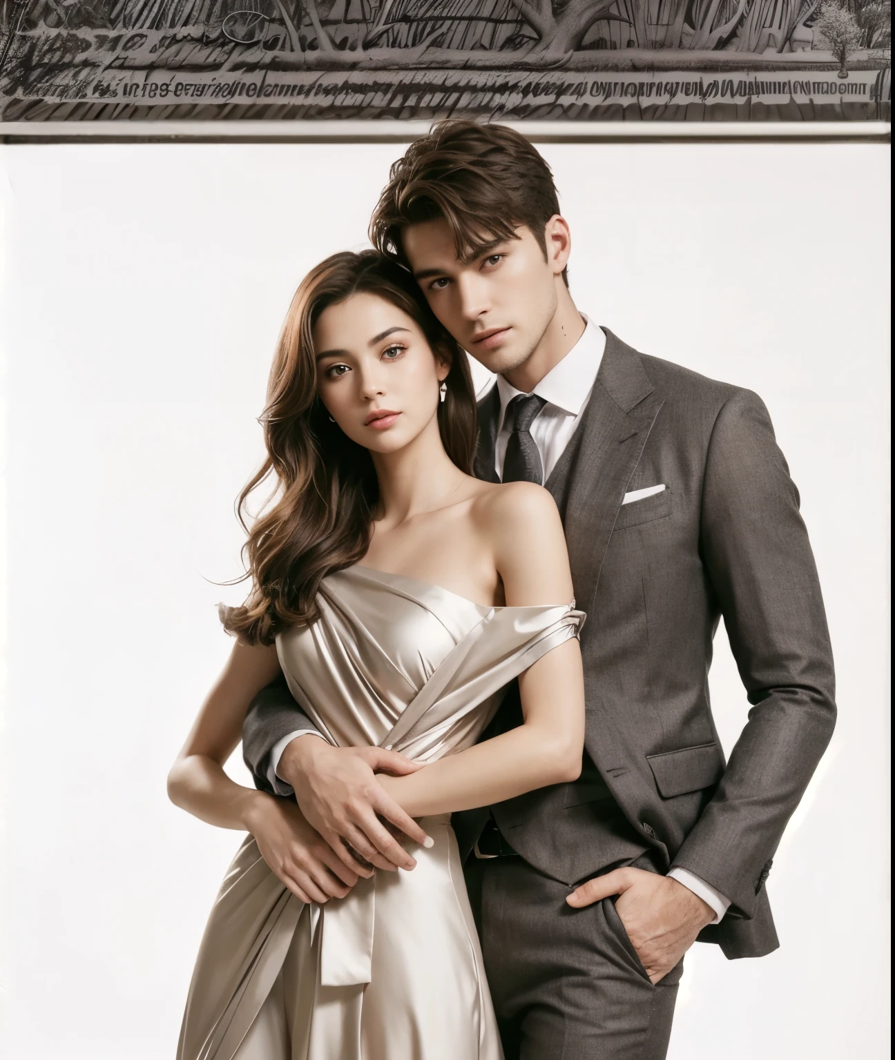 Handsome guy and beautiful girl ,standing, full body Ultra-realistic detailed rendering, wearing a gray orange mine clothing , with his whole body visible, straight short hair,standing beside the tree, and with a tree behind him, and with a little light