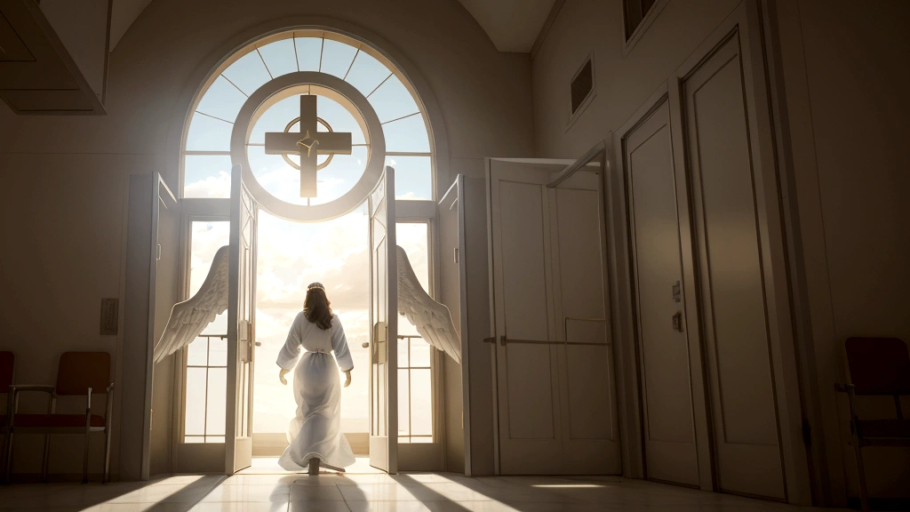 "Description: Illustrate a scene depicting a journey towards Heaven's gates, inspired by Colton Burpo's testimony. Show a  undergoing surgery, with a transition into a heavenly realm filled with awe-inspiring sights.
Details: Use contrasting scenes of hospital emergency rooms and heavenly landscapes to depict the transition from earthly life to the afterlife. Include symbolic elements like hospital equipment fading into clouds, and a distant gate bathed in celestial light. Show angels guiding the  towards the gates, symbolizing the journey to meet Jesus."