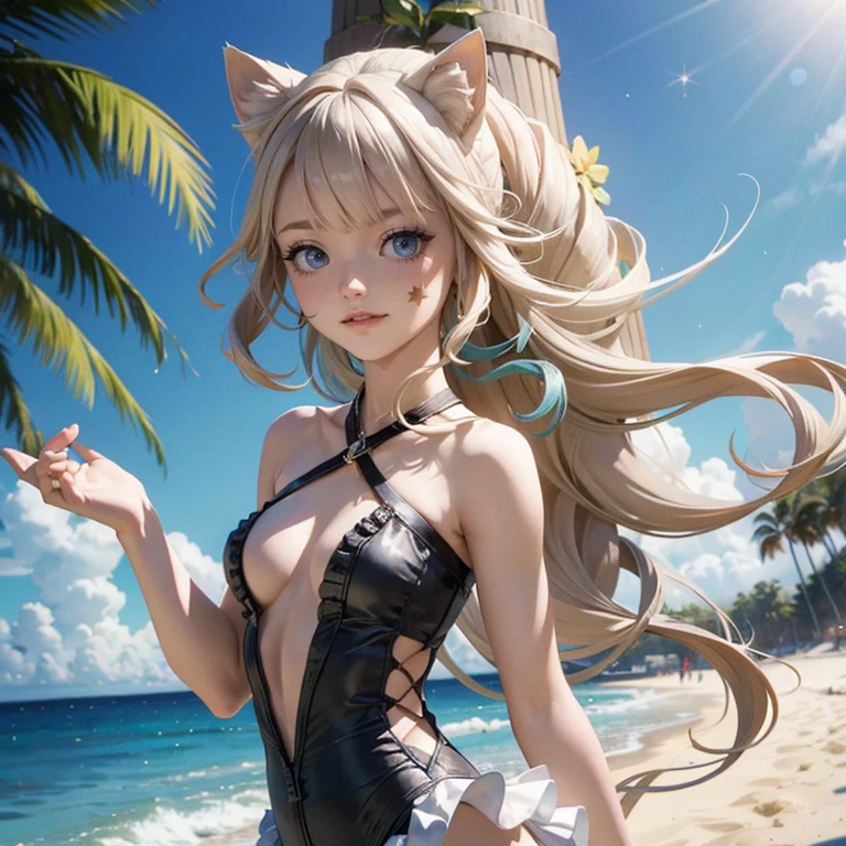 1 girl, ornament hair, swim suit, hands, wave hair, blonde hair, cat ears, long hair, beach scene, sea on focus, white swim suit, more details on her clothes, sea, night, smiling, ornament hair, long hair, palm trees, Looking at the viewer, flowing hair, cat ears, Beautiful Eyes, Plump and glossy lips, white swim suit with too many frills, beach, beach scenery, sparkle, solo, centered girl, cowboy shot, perfectly body, perfectly hands, two arms, two legs, two hands, five fingers, perfect anatomy, glowing hair, cat ears, beach scene, upper body portrait