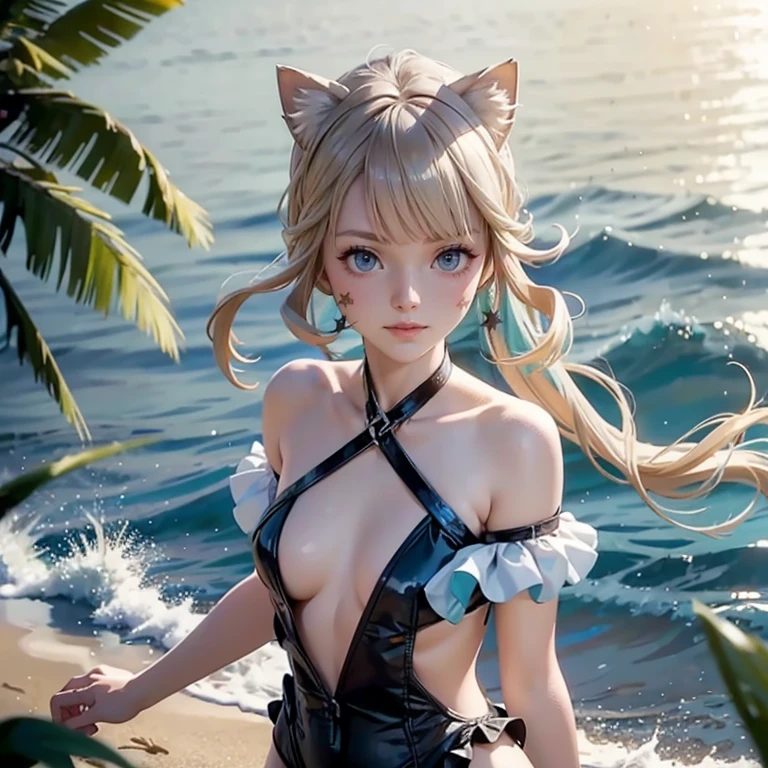 1 girl, ornament hair, swim suit, hands, wave hair, blonde hair, cat ears, long hair, beach scene, sea on focus, white swim suit, more details on her clothes, sea, night, smiling, ornament hair, long hair, palm trees, Looking at the viewer, flowing hair, cat ears, Beautiful Eyes, Plump and glossy lips, white swim suit with too many frills, beach, beach scenery, sparkle, solo, centered girl, cowboy shot, perfectly body, perfectly hands, two arms, two legs, two hands, five fingers, perfect anatomy, glowing hair, cat ears, beach scene, upper body portrait