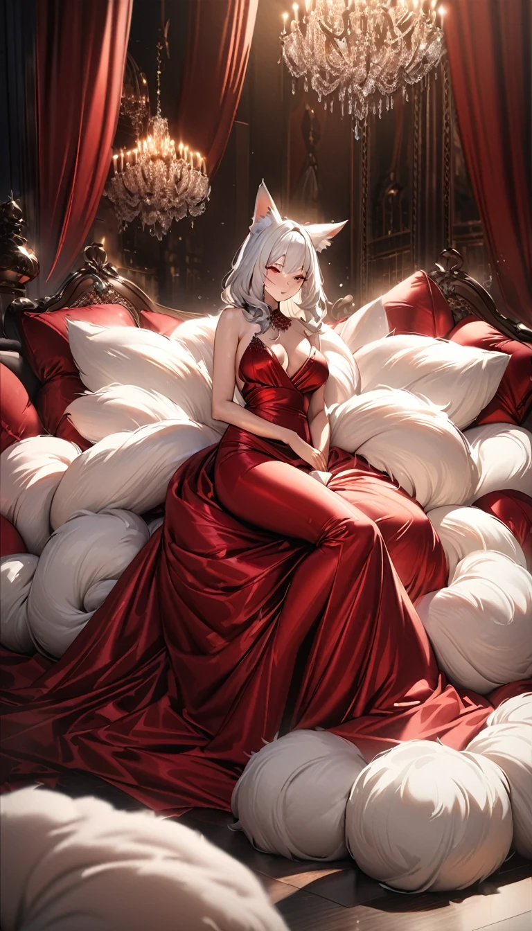 A fluffy red silk feather duvet, many huge silk body pillows, a luxurious and fluffy red silk bed, red silk sheets, 8k, best quality, high detailed, photorealistic, dramatic lighting, warm tones, luxurious, soft, plush, velvet, satin, velvety textures, elegant, sophisticated, premium, lavish, opulent, sumptuous, indulgent, exquisite, refined, lush, Pee stained. White chocolate sauce scattered throughout. high angle. White hair, fox ears, high angle