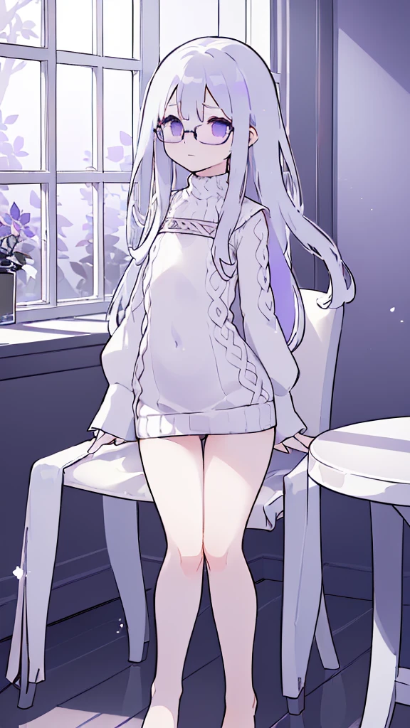 (flat:1.5),(cafe, window, sunlight, table, chair, sedentary:1.5) (BIG ASS, thick thighs:0.7), (warm light source:1.2), intricate details, volumetric lighting, Realism BREAK(masterpiece:1.2), (top quality), 4K, ultra detail, (Dynamic configuration:1.4), Very detailed and colorful details,(rainbow colors:1.2), (shining lights, atmospheric lighting), dreamy, magical, (alone:1.2), intricate details, cheeky expression, (medium chest:1.5), (Black eyes with a slight purple tint:1.5), (a devastated expression, dead eyes, dark atmosphere:1.5), (Very white and long hair with a bluish tint, weak perm:1.5), (A white sweater long enough to cover the buttocks, Sweater that reaches down to the thighs, bare foot, round-rimmed glasses:1.5), (slim:1.1), (quiet eyes, no passion:1.5),(human ear,thin legs:1.5),(chair에 sedentary, diagonal shot:1.5)