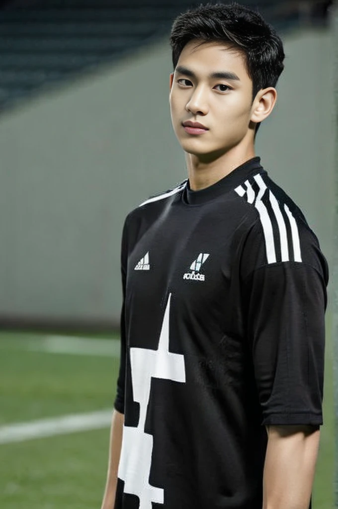 Handsome young man. Handsome young man, 20 years old.,Looking at the camera,Wearing a black Adidas t-shirt, standing on the football field.