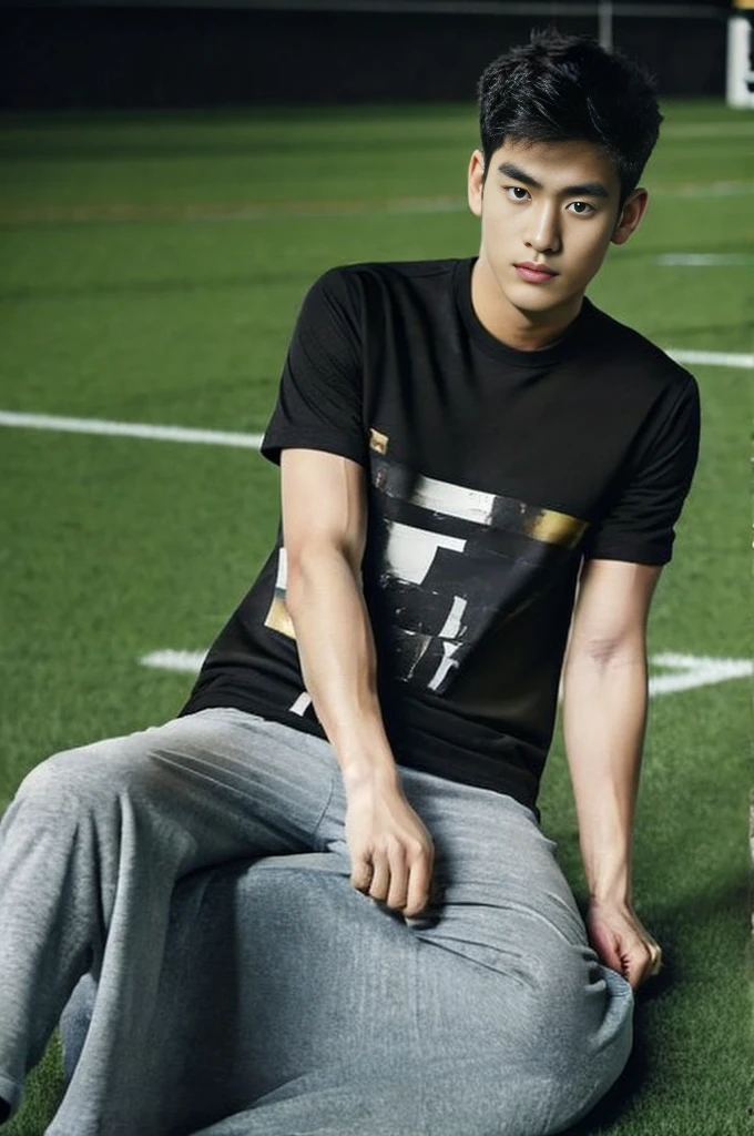 Handsome young man. Handsome young man, 20 years old.，Looking at the camera，Wearing a black Adidas t-shirt, standing on the football field.