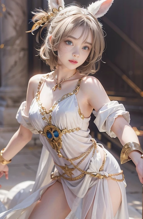 Ancient Greek ruins where only pillars remain、Walk in front of the fountain、8K、realphoto、超A high resolution, Master Parts, Best Quality, nffsw , cinematic images,Lovely girl、ann、18year old、Anglo-Saxon、Very big big eyes、二重まぶた、drooping eyes、Dark eye shadow、 ighly detailed , a blond、Straight short hair、 Sweet look 、thin lipss ,a very beautiful woman、legs are long、bare-legged、 Very clear shadows , jewely , A sexy , A detailed eye, very intricate, shiny skins , Perfect Brilliant, Perfect Lighting, Dramatic shadows ,White tiara on head、Greek see-through white dress、Big white angel wings behind shoulders 、White bouquet in both hands