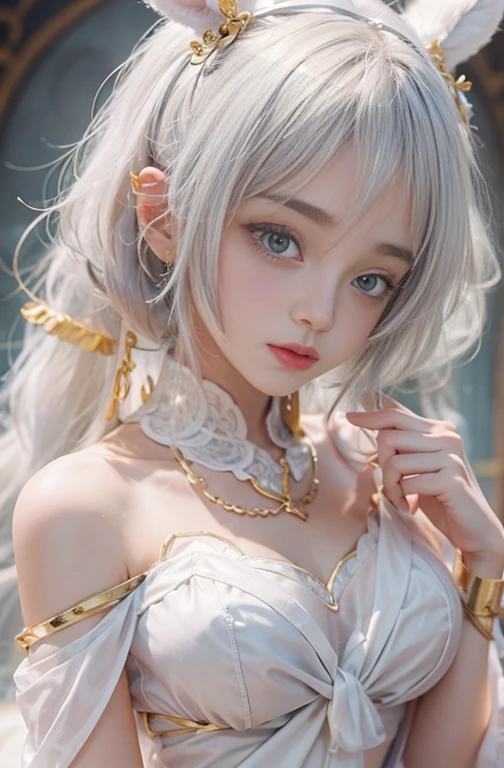 18-year-old, wide range lens, woman in Ancient Greek costume、woman enjoying merry-go-round in the night,Shoulder out、thin、Serious expression、Short-haired、Deadly position, Gorgeous Necklace, Light milky porcelain skin, Smooth, Translucent white skin, Enchanting anime girl, Beautiful and seductive anime woman, Ultra realistic sweet bunny girl, Pale porcelain white skin, Smooth, Realistic and perfect body, Anime Girl Cosplay, Perfect body with realistic shadows, Gweitz&#39;s Masterpiece,