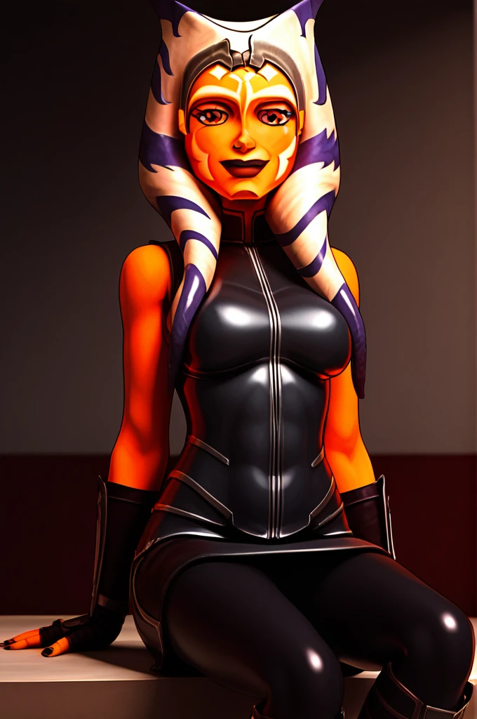 score_9, score_8_up, score_7_up, score_6_up, score_5_up, score_4_up, AhsokaTanoXL, red eyes, tentacle hair, orange skin, colored skin, facial mark, large breasts, black latex dress, skirt, black pants, bare shoulders, guantlets, hip armor, skirt,black pants, black higheeld boots, black operagloves, solo, sitting, evil smile, looking at viewer, indoors 