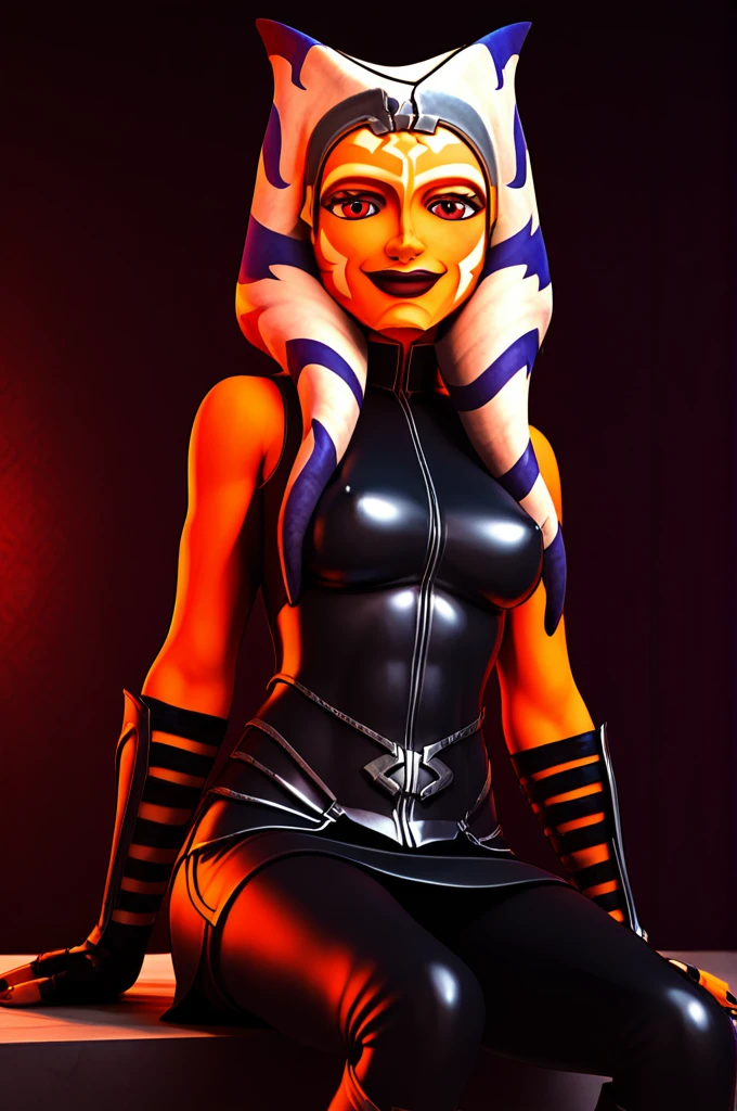 score_9, score_8_up, score_7_up, score_6_up, score_5_up, score_4_up, AhsokaTanoXL, red eyes, tentacle hair, orange skin, colored skin, facial mark, large breasts, black latex dress, skirt, black pants, bare shoulders, guantlets, hip armor, skirt,black pants, black higheeld boots, black operagloves, solo, sitting, evil smile, looking at viewer, indoors