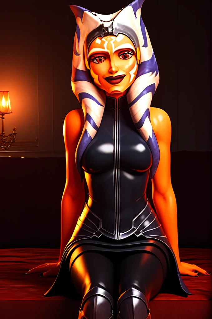 score_9, score_8_up, score_7_up, score_6_up, score_5_up, score_4_up, AhsokaTanoXL, red eyes, tentacle hair, orange skin, colored skin, facial mark, large breasts, black latex dress, skirt, black pants, bare shoulders, guantlets, hip armor, skirt,black pants, black higheeld boots, black operagloves, solo, sitting, evil smile, looking at viewer, indoors 