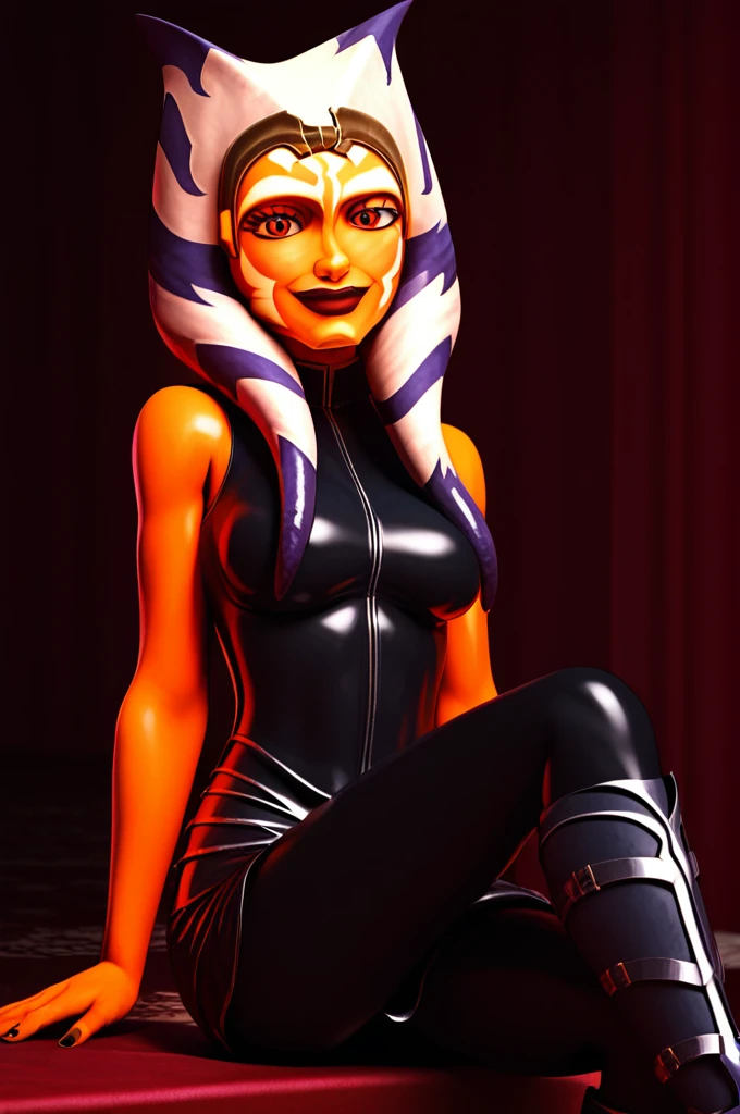 score_9, score_8_up, score_7_up, score_6_up, score_5_up, score_4_up, AhsokaTanoXL wearing latex seductive lingerie, blue eyes, tentacle hair, orange skin, colored skin, facial mark, medium breasts, ((black with red trim flame dress skirt)), no
pants, bare shoulders, guantlets, hip armor, skirt, pants, brown boots, solo, seductively lying on bed in her lingerie, nude ,seductive smile, looking at viewer, indoors
