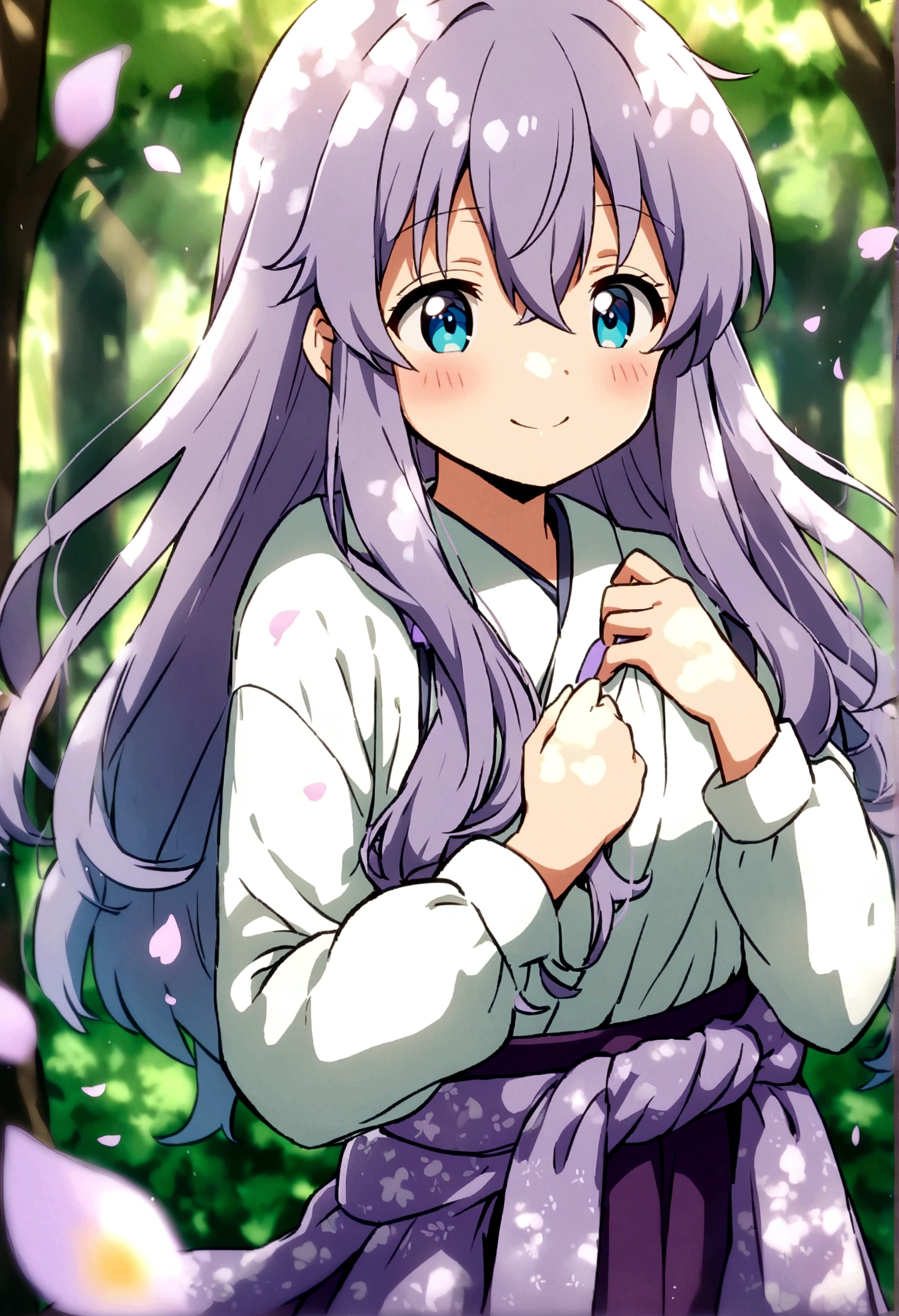 ((solo:1.2)),cute girl in a forest, (dappled sunlight:1.2),blurry,(depth of field:1.1),(petals),tree,butterfly, lavender hair, long hair, hair in between eyes, long hair locks sliding over chest, aqua blue eyes, , clothes, kimono like white shirt, long sleeves, purple ribbon around waist, purple skirt, smile, blush, cute face, anime girl, adorable, anime style