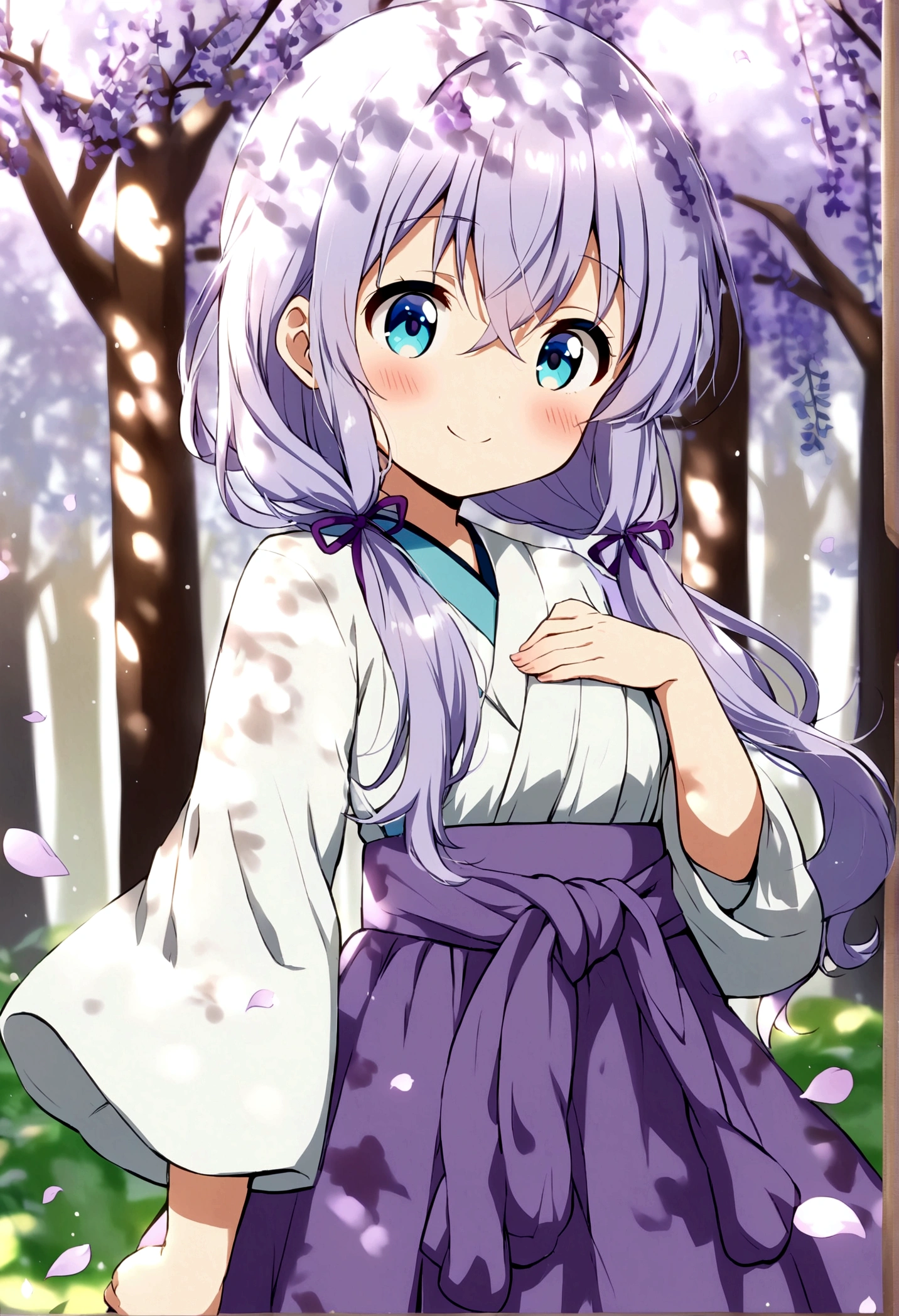 ((solo:1.2)),cute girl in a forest, (dappled sunlight:1.2),blurry,(depth of field:1.1),(petals),tree,butterfly, lavender hair, long hair,  hair in between eyes, long hair locks sliding over chest, aqua blue eyes, , clothes, kimono like white shirt, long sleeves, purple ribbon around waist, purple skirt, smile, blush, cute face, anime girl, adorable, anime style