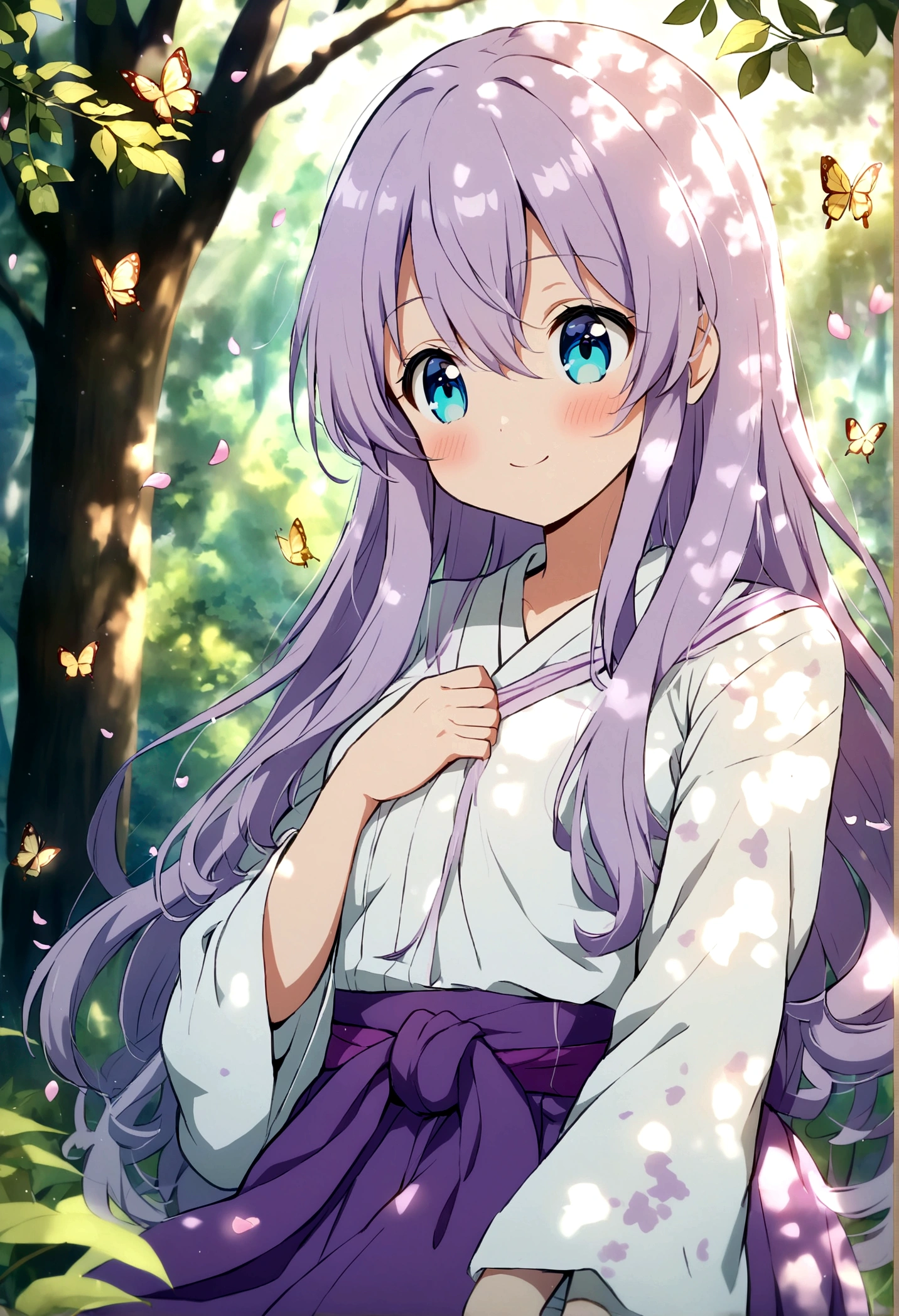 ((solo:1.2)),cute girl in a forest, (dappled sunlight:1.2),blurry,(depth of field:1.1),(petals),tree,butterfly, lavender hair, long hair, hair in between eyes, long hair locks sliding over chest, aqua blue eyes, , clothes, kimono like white shirt, long sleeves, purple ribbon around waist, purple skirt, smile, blush, cute face, anime girl, adorable, anime style