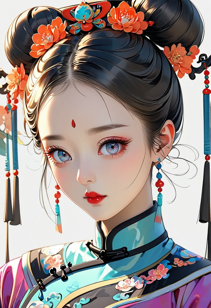 Fine brushwork,2d,Colored pencils,fine digital art,Clean lines,Beautiful Chinese Qing Dynasty Princess,Bright Eyes,Exquisite facial features,High bun,Qing Dynasty Clothing,Clean background,Bright colors,High Saturation