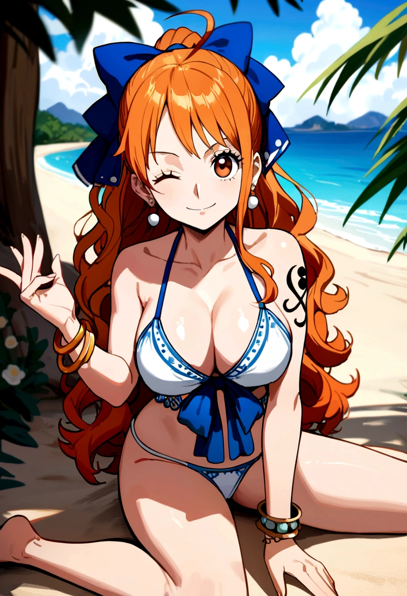 2d, masterpiece, best quality, anime, highly detailed face, highly detailed background, perfect lighting, beach, nami, one piece , 1girl, solo, one eye closed, long hair, smile, jewelry, white bikini, orange hair, bow, flower, flower print, earrings, looking at viewer, ahoge, ribbon, hair bow, sky, day, bracelet, sleeveless,  blue bow, outdoors, big breasts, cloud, closed mouth, ponytail, blue sky, brown eyes, orange eyes, left shoulder tattoo, bare shoulders, very long hair, sidelocks, bangs, collarbone, left arm tattoo, bare arms, blurry, hand gesture, blurry background, eyelashes, mountain, parody, cloudy sky, sitting, shiny hair, bangle, wavy hair, open legs , thong, full body 