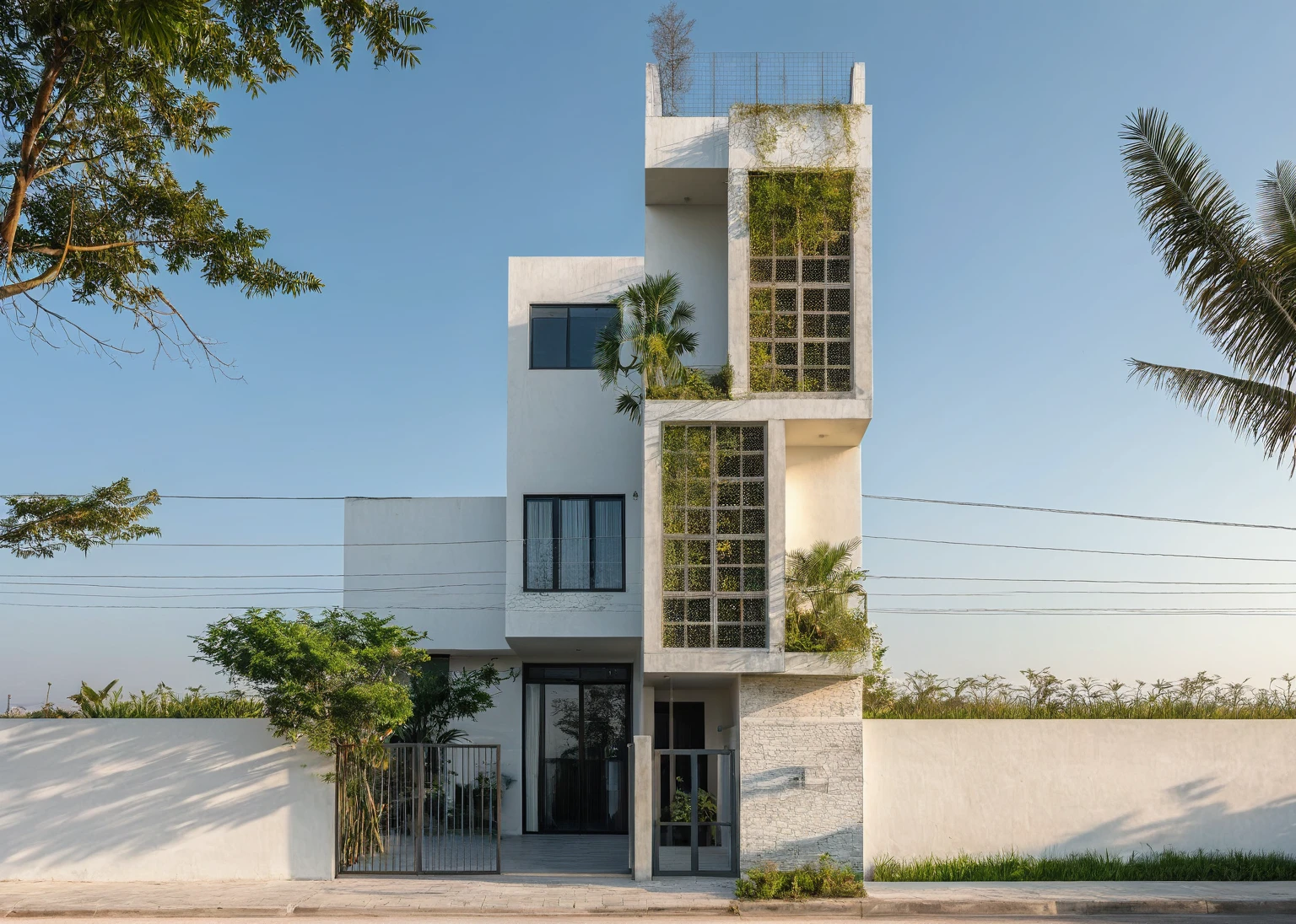 Raw photo,Masterpiece, high quality, best quality, authentic, super detail, exterior, outdoors,Tuonghoagio,house, modern stytle, on the street,wind flower wall, glass windows, white wall,gate, metal railing road,pavement, grass, trees, blue sky, wall climbing plant , (daylight:1.1), ((realistic photo))