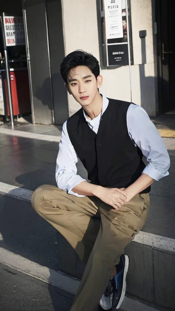 Asian guy, 25 years old, short black hair, on the street, looking at the camera.