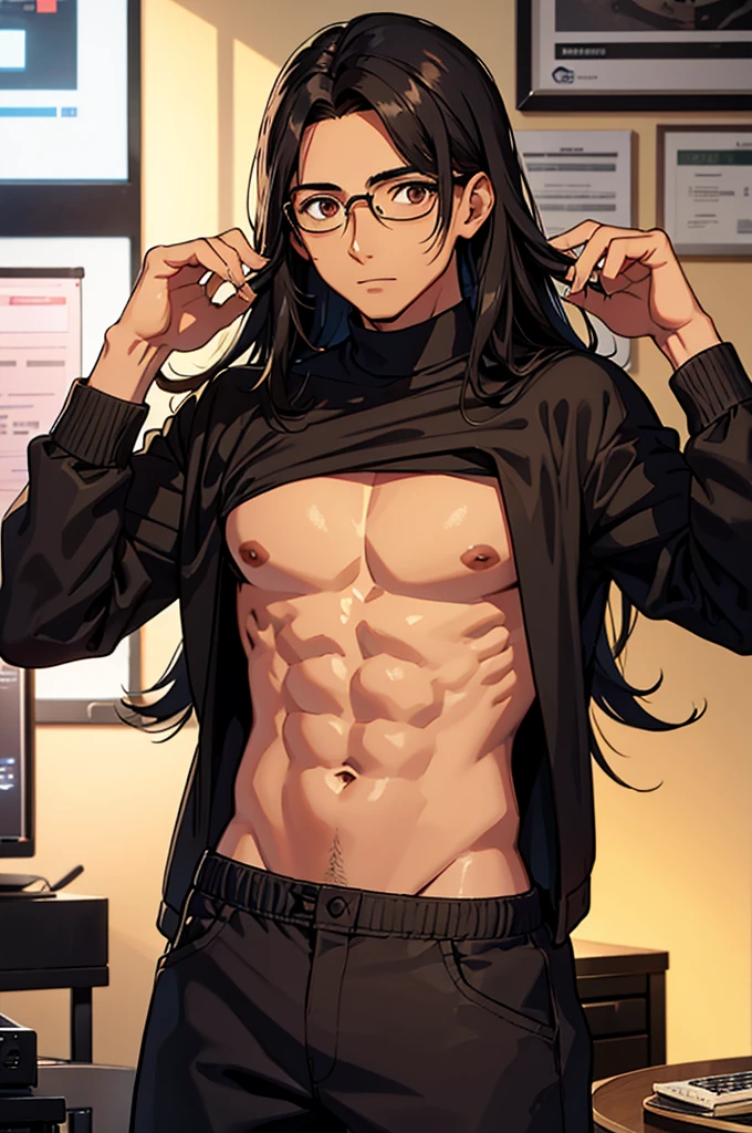1 MALE WITH PERFECTLY ROUND GLASSES, BROWN SKIN TONE, SKINNY BODY, SOUTH ASIAN, BLACK HAIR, WOLFCUT HAIR, 35CM HAIR, BANGS, HAIR DOWN, HAIR COVERING FOREHEAD, BLACK SHIRT, GAMER, LONG SLEEVE