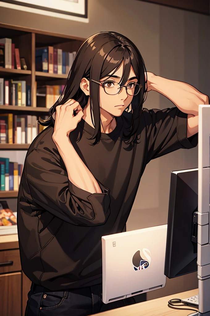 1 MALE WITH PERFECTLY ROUND GLASSES, BROWN SKIN TONE, SKINNY BODY, SOUTH ASIAN, BLACK HAIR, WOLFCUT HAIR, 35CM HAIR, BANGS, HAIR DOWN, HAIR COVERING FOREHEAD, BLACK SHIRT, GAMER, LONG SLEEVE