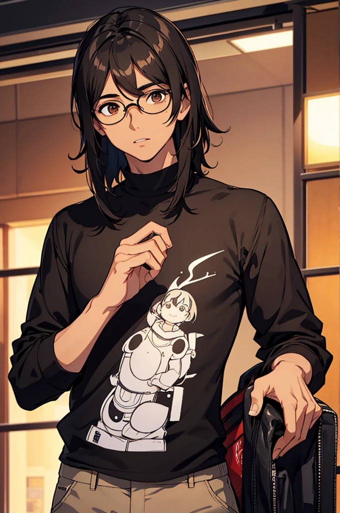 1 MALE WITH PERFECTLY ROUND GLASSES, BROWN SKIN TONE, SKINNY BODY, SOUTH ASIAN, BLACK HAIR, WOLFCUT HAIR, 35CM HAIR, BANGS, HAIR DOWN, HAIR COVERING FOREHEAD, BLACK SHIRT, GAMER, LONG SLEEVE