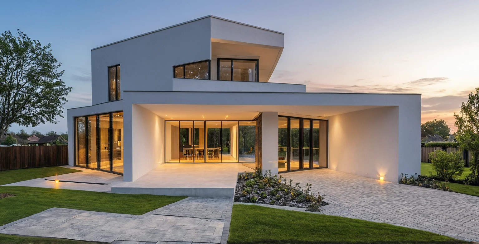 Masterpiece, high quality, best quality, authentic, super detail, outdoors, modern two-story house, modern architecture, white and gray exterior, large windows, flat roof, paved driveway, well-manicured lawn, trees, evening sky, clouds, (dusk lighting:1.1)