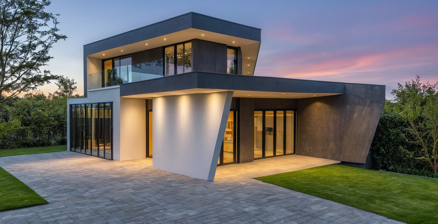 Masterpiece, high quality, best quality, authentic, super detail, outdoors, modern two-story house, modern architecture, white and gray exterior, large windows, flat roof, paved driveway, well-manicured lawn, trees, evening sky, clouds, (dusk lighting:1.1)