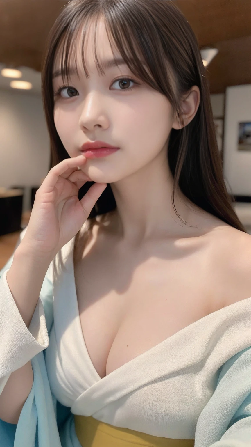 ((Highest quality, 8K, masterpiece, Super detailed, 超High resolution, Realistic, RAW Photos, Absurd, The absolute solution:1.5)), pretty girl, One girl,Tabletop, Highest quality, figure, Super detailed, In detail, High resolution, 8K壁紙, Perfect dynamic composition, Beautiful attention to detail, kimono, Off the shoulder, Cleavage