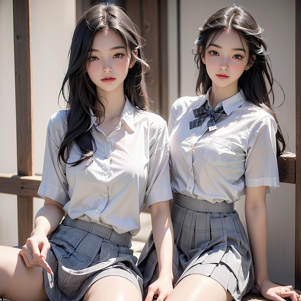 (masterpiece:1.3, Highest quality, Ultra-high resolution, Super detailed), (Realistic, photoRealistic:1.4), Beautiful illustrations, Perfect lighting, Natural light, colorful, Depth of written boundary,
View your viewers, whole body, 1 Girl, Japanese, high school girl, Perfect Face, (Perfect Anatomy), Cute and symmetrical face, Baby Face, Shiny skin, ,
(Long Hair:1.5, Straight hair:1.5, Let your hair flutter), bangs, Hair between the eyes, Iris, Long eyelashes, (Large Breasts:0.8),
Beautiful Hair, Beautiful Face, Beautiful attention to detail, Beautiful clavicle, Beautiful body, Beautiful breasts, Beautiful thighs, Beautiful feet, Beautiful fingers,
((Collared short-sleeved shirt, White shirt, Grey plaid pleated skirt, Blue checked bow tie)), White panties,
(Beautiful views), Daytime, (Downtown), Are standing, (Lift up the skirt, Grab the hem of the skirt, please put your hand on your chest, Place your hands between your legs), blush,