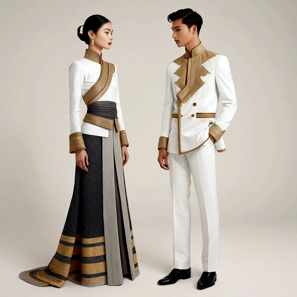 candid fashion illustration of young man and woman, both aged 20 year old, ((showcase fashion in a White Northern Thai Lanna costume outfits)), in elegant luxury style, The man wears a simple long-sleeved white shirt with Lanna details, paired with white Tailor pants. The woman complements him with white A tubular skirt that is handwoven and often features intricate patterns, ankle-length and is wrapped around the waist, A fitted, often intricately decorated blouse that complements the skirt. Captured in a low angle, ((full-body image)), (full-body pose)), ((white studio background)), realistic color pencil lines, perfect drawing, charcoal lines, fading sketch, quick Sketch, soft light, 