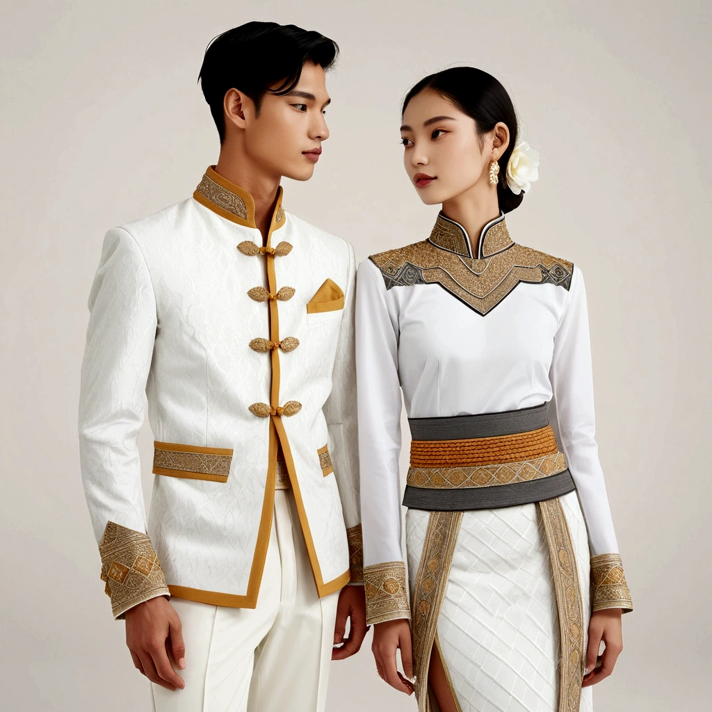 candid fashion illustration of young man and woman, both aged 20 year old, ((showcase fashion in a White Northern Thai Lanna costume outfits)), in elegant luxury style, The man wears a simple long-sleeved white shirt with Lanna details, paired with white Tailor pants. The woman complements him with white A tubular skirt that is handwoven and often features intricate patterns, ankle-length and is wrapped around the waist, A fitted, often intricately decorated blouse that complements the skirt. Captured in a low angle, ((full-body image)), (full-body pose)), ((white studio background)), realistic color pencil lines, perfect drawing, charcoal lines, fading sketch, quick Sketch, soft light,